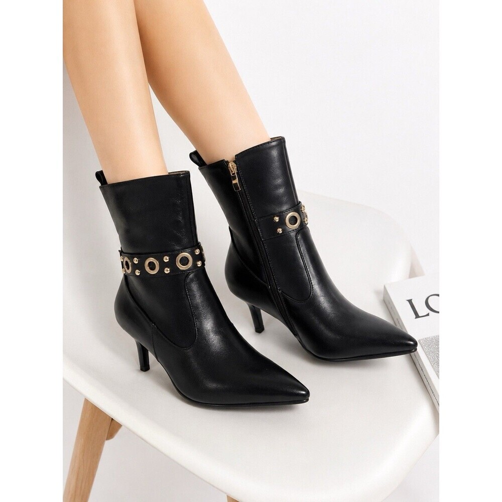 Women’s Black Pointed Toe Ankle Boots Stiletto Heel Gold Stud Accent Size US 8